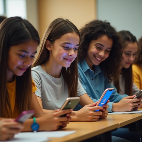 Students using smartphones in a classroom